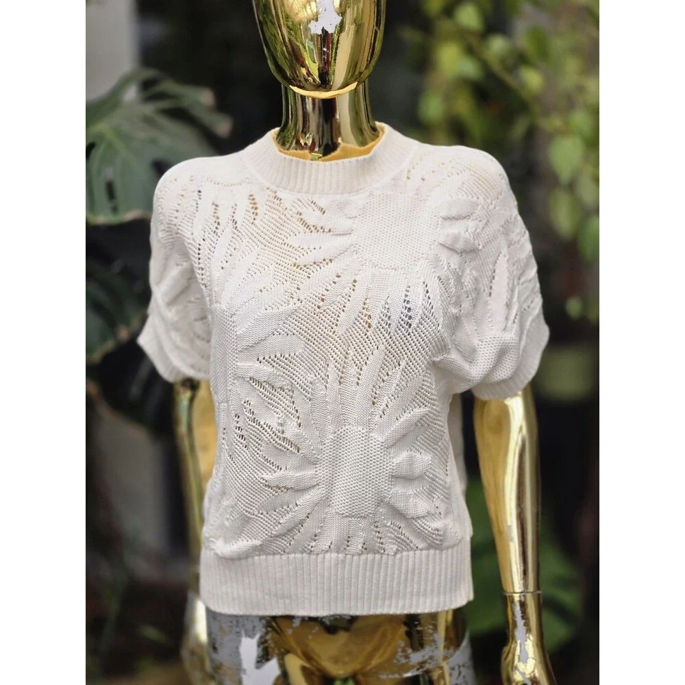 Akris Punto "Hello Sunshine" Cream Knit Short Sleeve Pullover Sweater Size 8 - Picture 1 of 10
